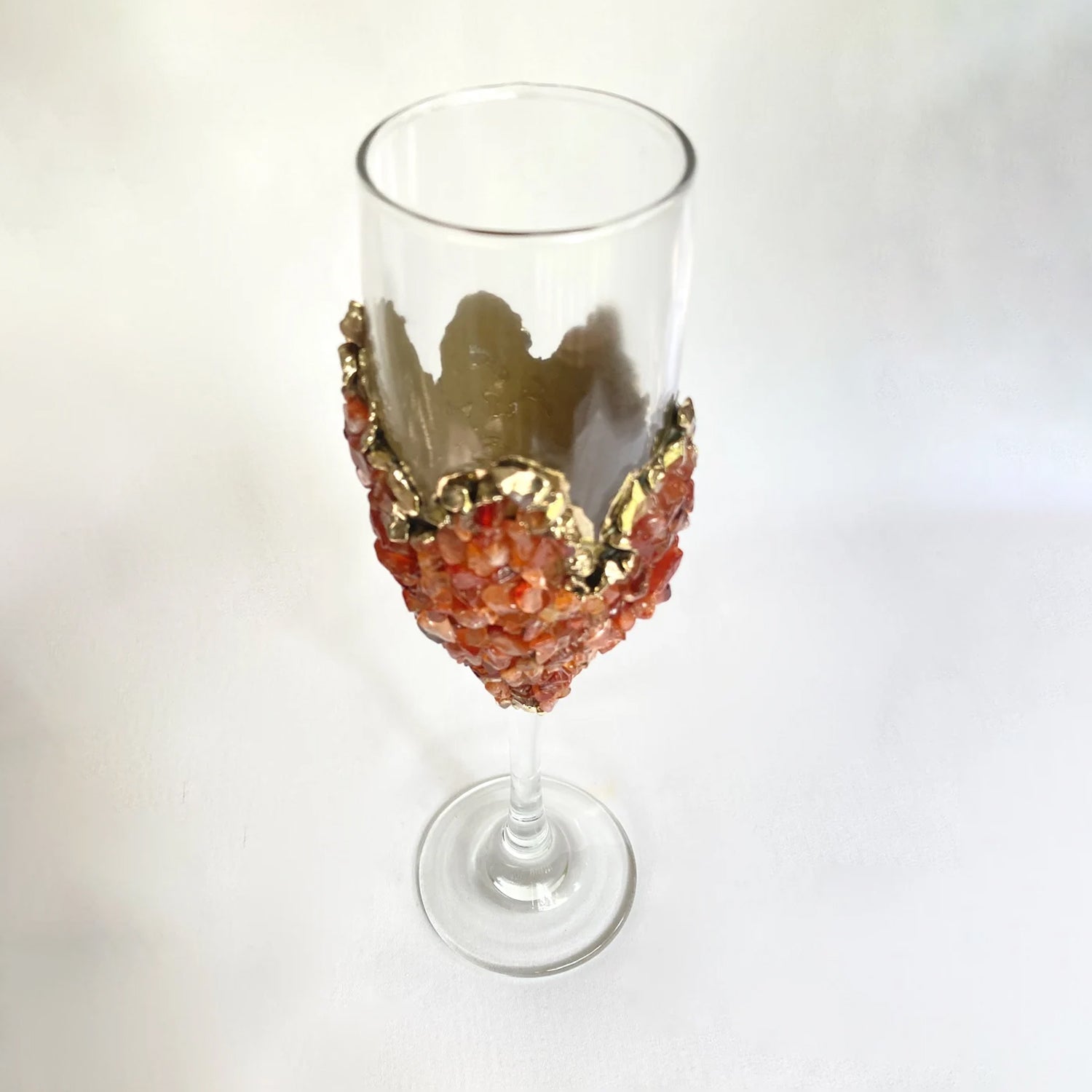 Set of 2 |Crystal Wine/Champagne Glasses with Gold Plated Red Agate/Quartz Semi-precious Crystals | 7 oz/215 ml