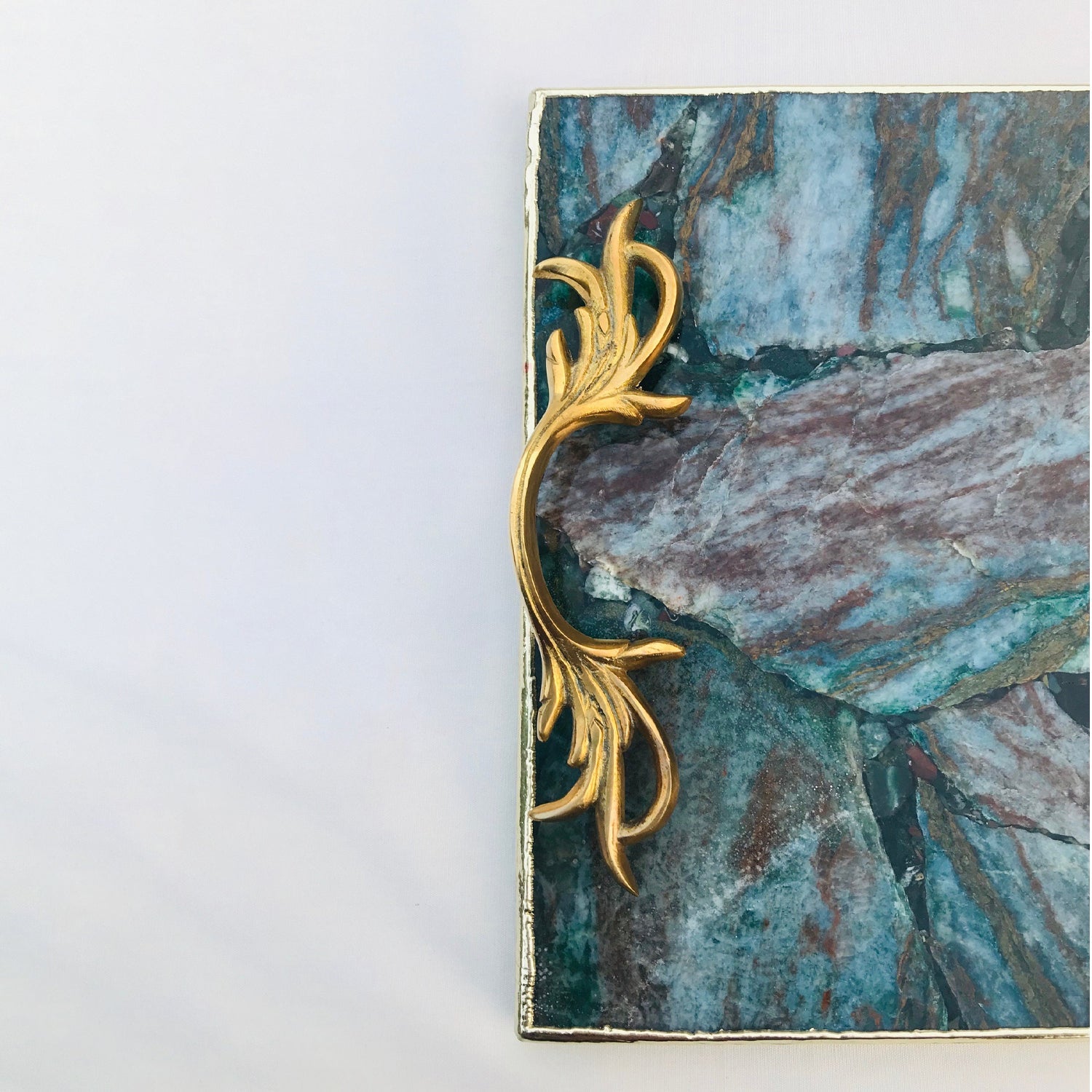 Green Aventurine Agate  Serving Tray With Brass Handles